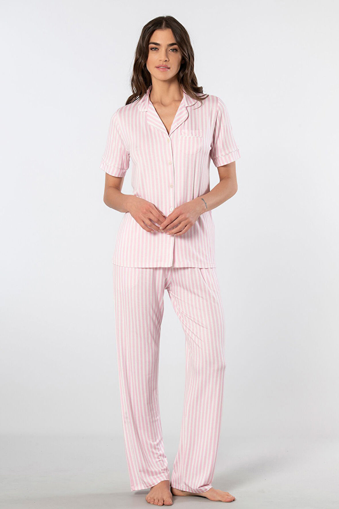 Türen Çizgili Kısa Kollu Gömlek Yaka Pijama Takımı 3355/Pembe
