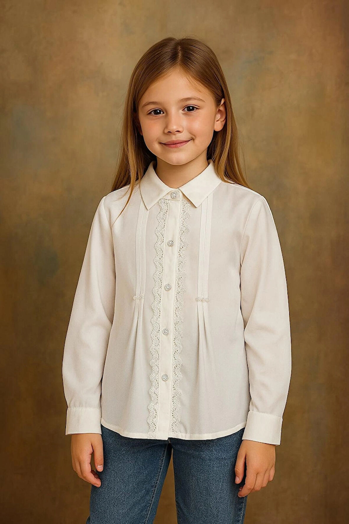 Kız Çocukları Için Önü Dantel Detaylı Inci Bezeli Beyaz Gömlek / 23 Nisan Okul Gömleği