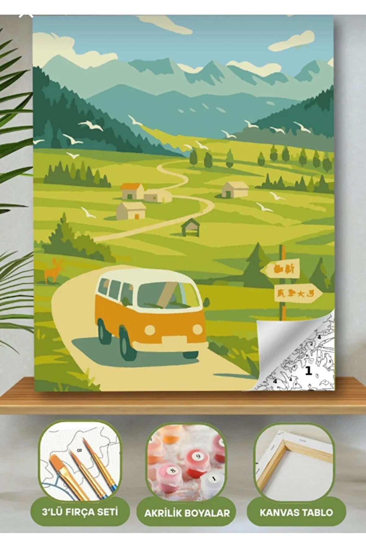 Sayılarla Boyama Seti 40x50 Cm (Çıtalı) Fırça Boya Dahil Numaralı Tuval Sarı Araba Manzaralı