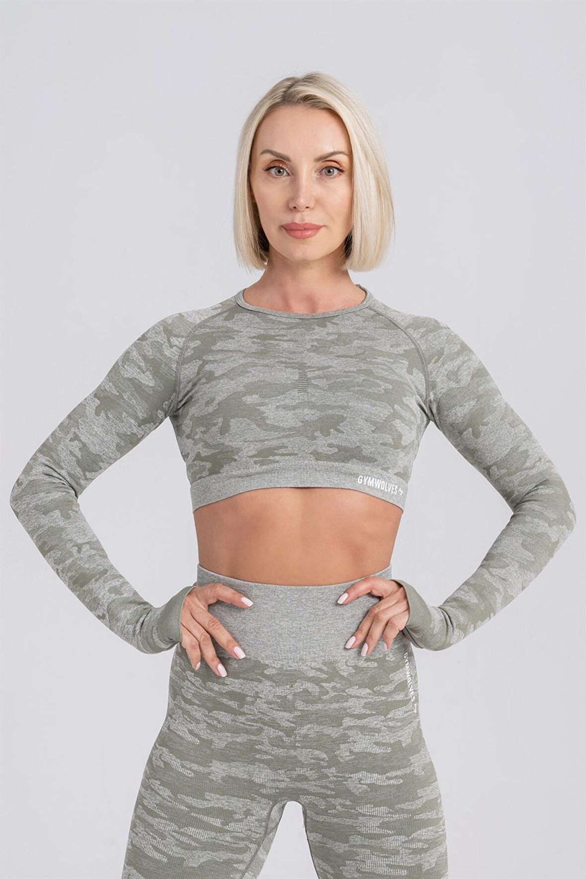 Gymwolves Kadın Uzun Kollu Dikişsiz Spor Tişört Haki | Crop Tops  | Action Serisi