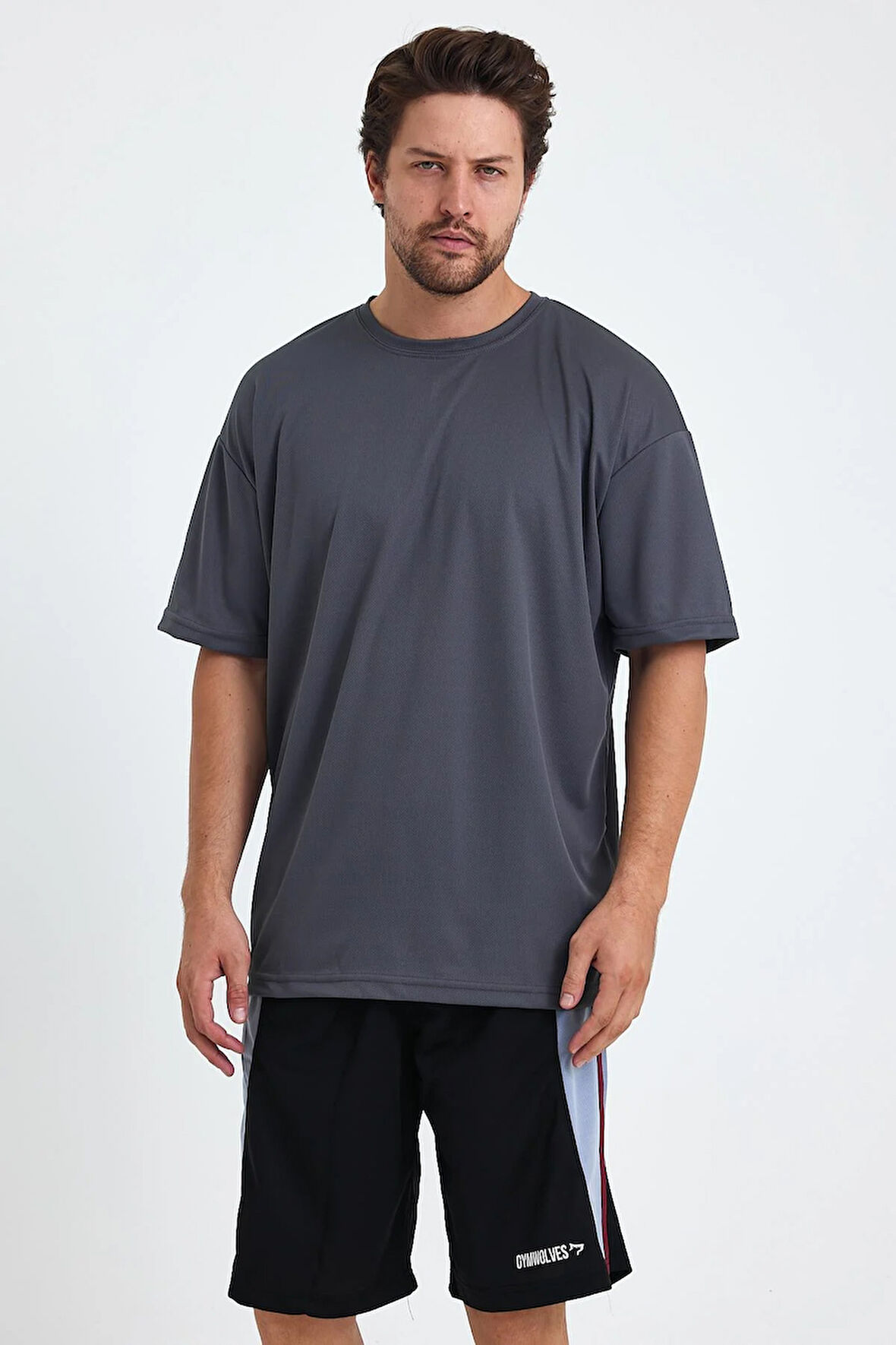 Gymwolves Erkek Over Size Spor T-Shirt | Sırta Kurt  Baskılı | Workout T-Shirt | Tişört | Füme |