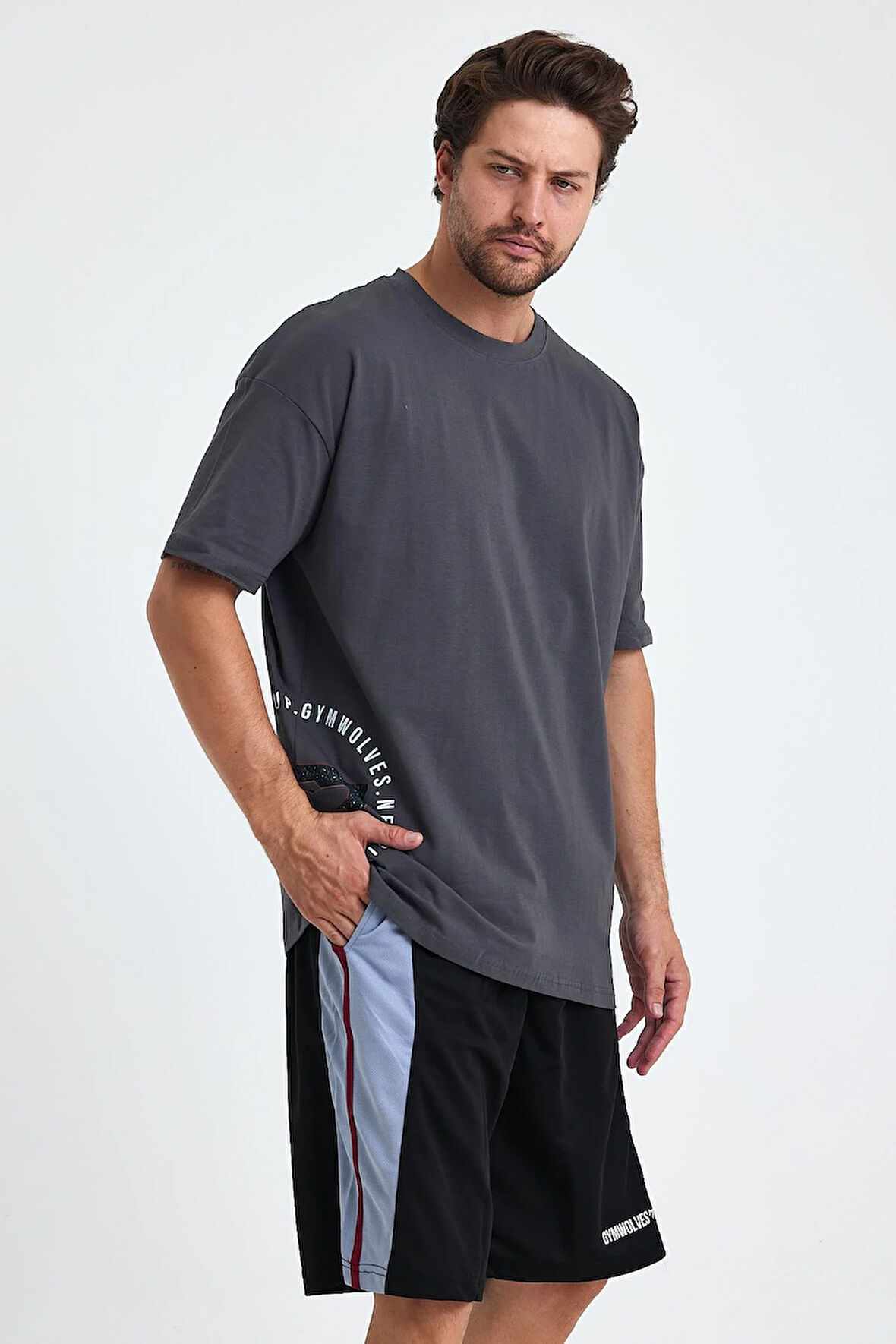 Gymwolves Erkek Over Size Spor T-Shirt | Kurt  Baskılı | Workout T-Shirt | Tişört | Füme |