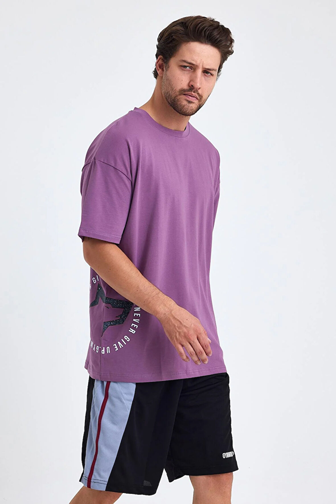 Gymwolves Erkek Over Size Spor T-Shirt | Kurt  Baskılı | Workout T-Shirt | Tişört | Mor |
