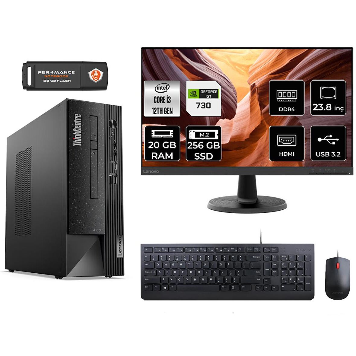 Lenovo ThinkCentre Neo 50S i3 12100 20GB 256GB SSD GT730/4GB FDOS 11SX002VTX MASAÜSTÜ PC & 23.8" MONİTÖR