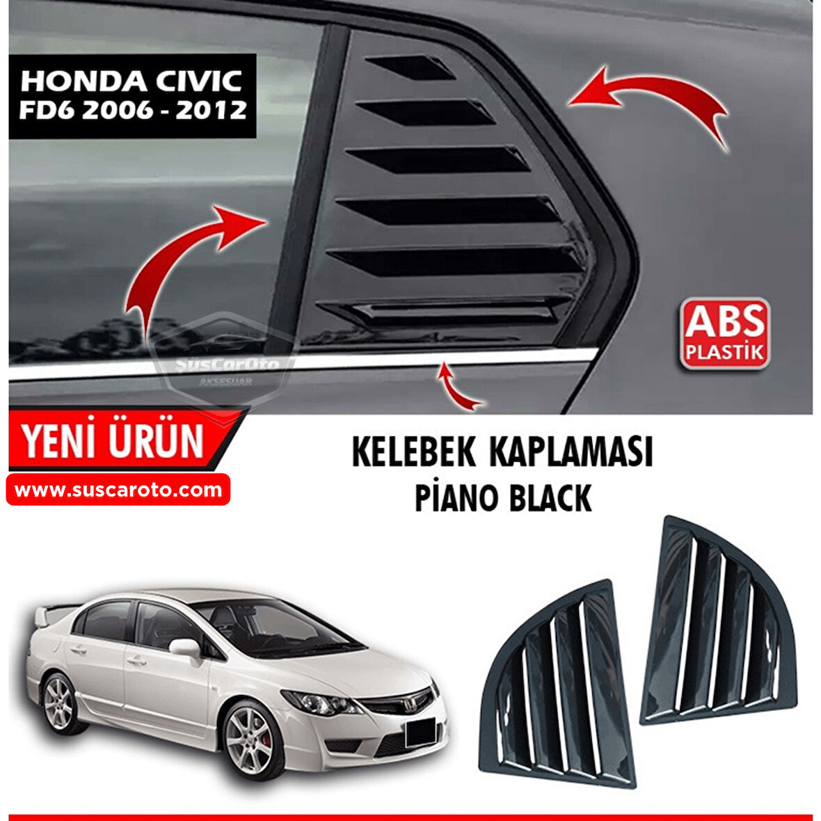 Honda Civic FD6 2006-2011 Uyumlu Kelebek Cam Izgarası Kelebek Cam Vizörü Havalandırma Sağ Sol Takım Parlak Siyah