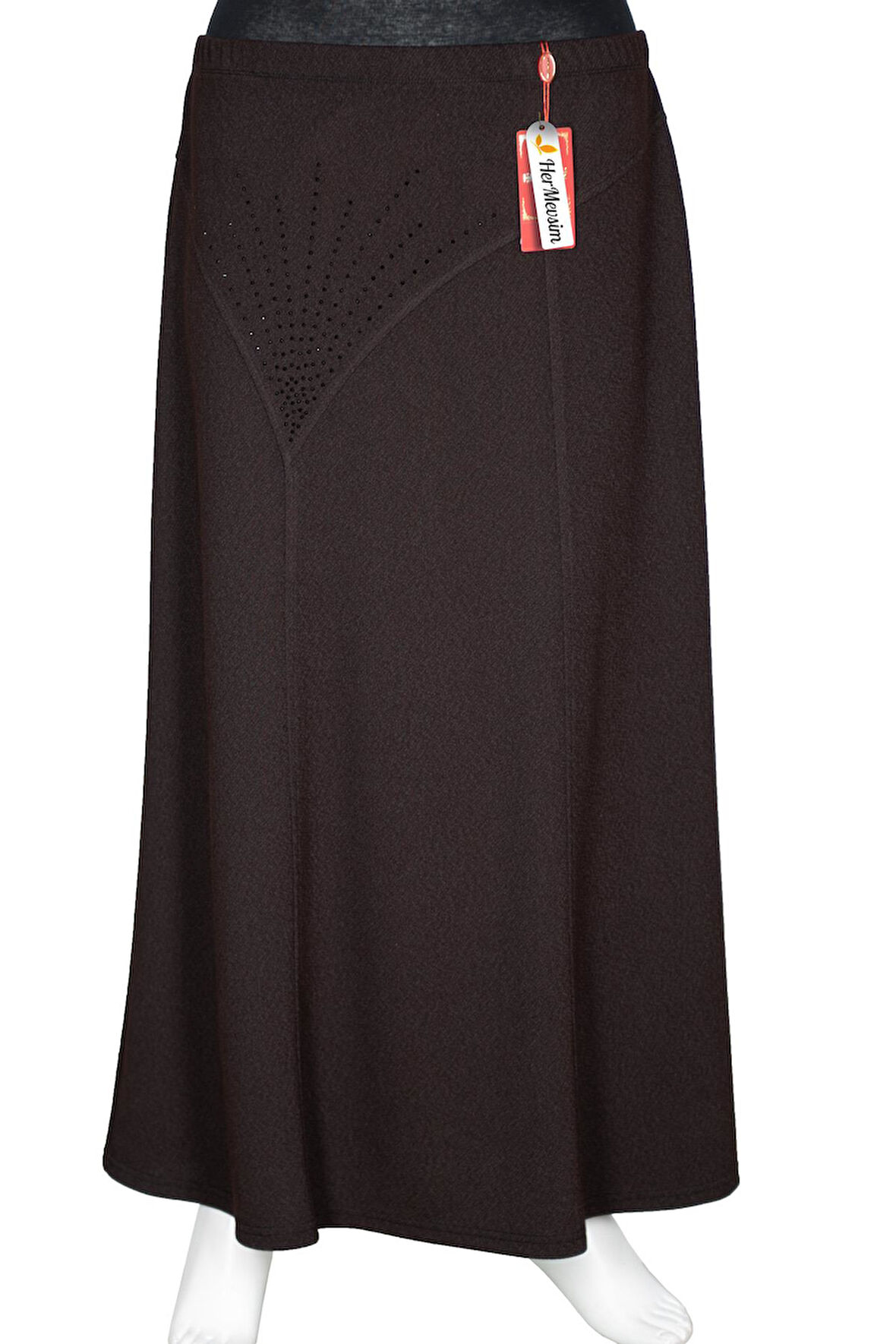 Hesna Kadın Nida Kışlık Büyük Beden Taşlı Astarsız Latikli Kahve Etek