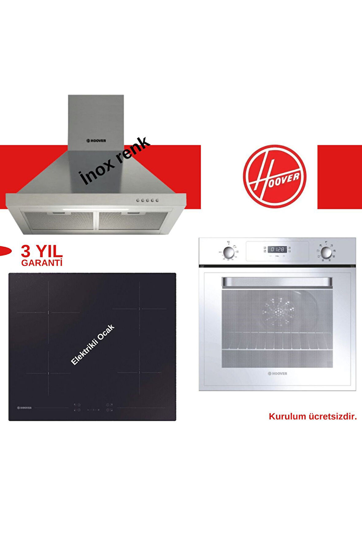 Hoover Elektrikli Renkli 3'Lü Ankastre Set (Hch6Mxtk-Hh64Ccb-3051W)