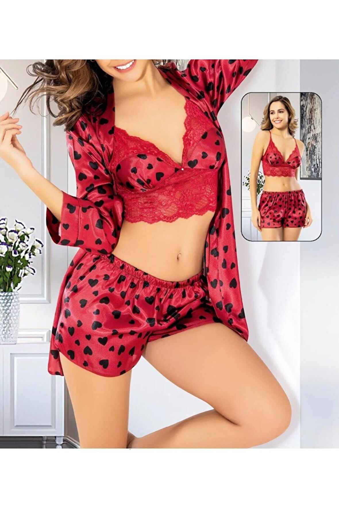 Kadın Saten Kalp Desenli Sabahlık & Şort Takım 3'lü LL.N1.I0.LA.011