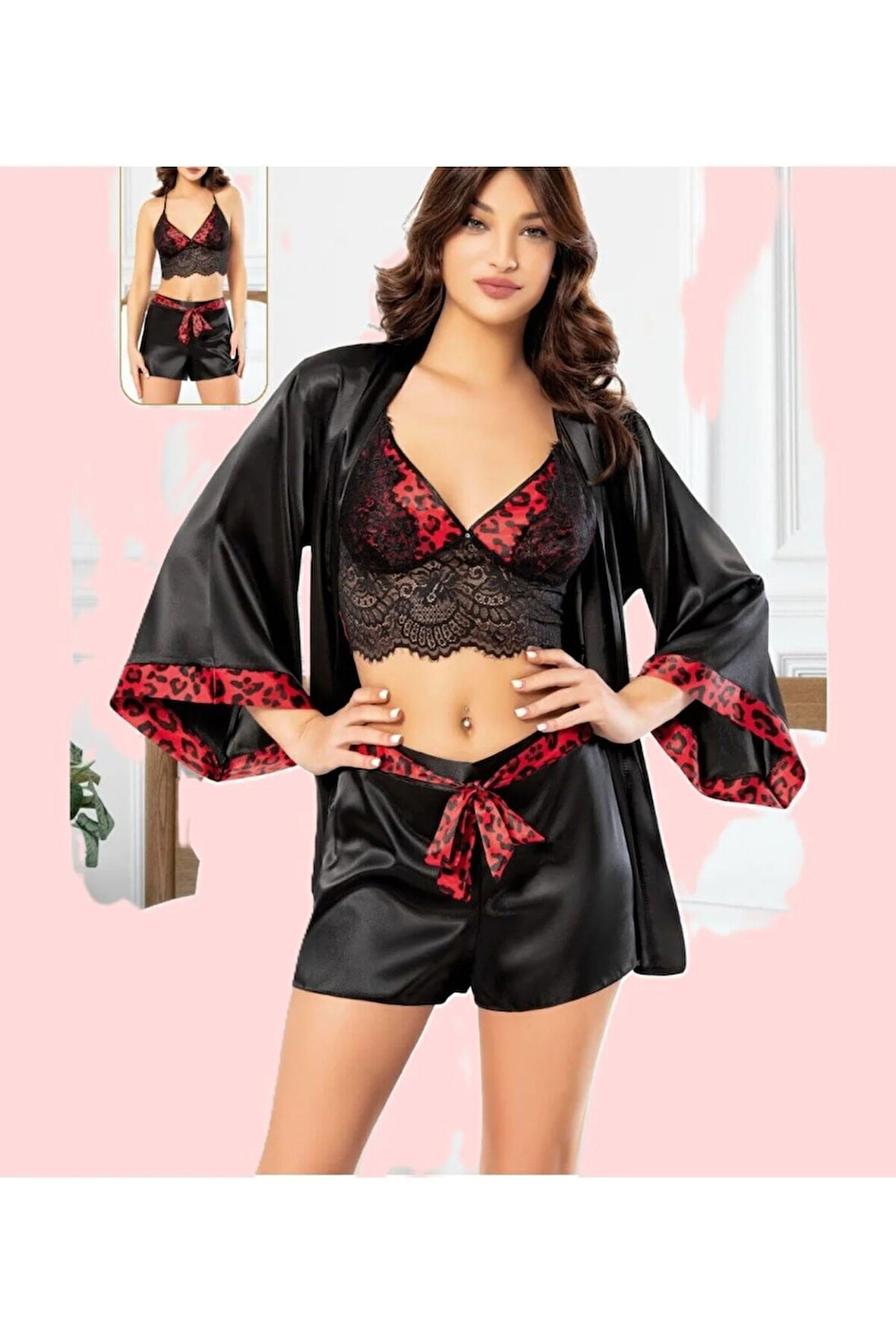 Kadın Saten Leopar Desenli Siyah & Kırmızı 3 Parça Pijama Takımı LL.N1.I0.LA.013