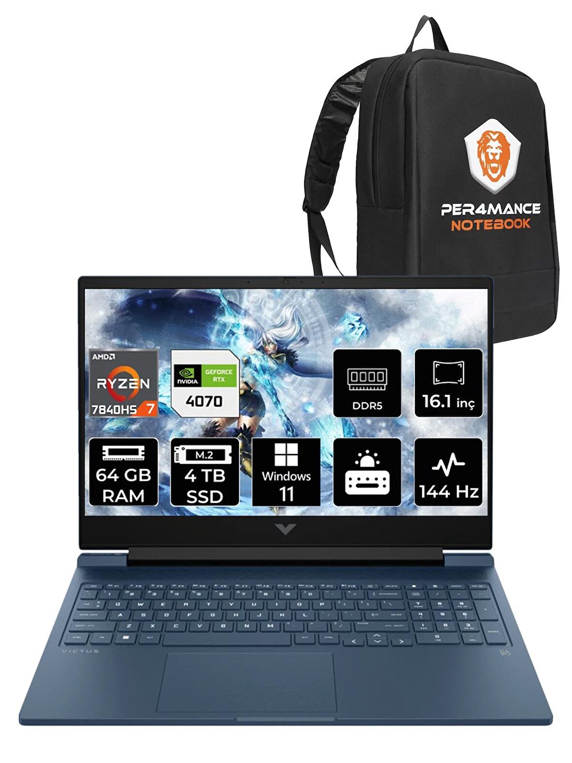 HP Victus 16 Ryzen 7 7840HS 64GB 4TB SSD RTX4070/8GB 144HZ 16.1" FHD W11P 8W8A7EA & PER4 ÇANTA