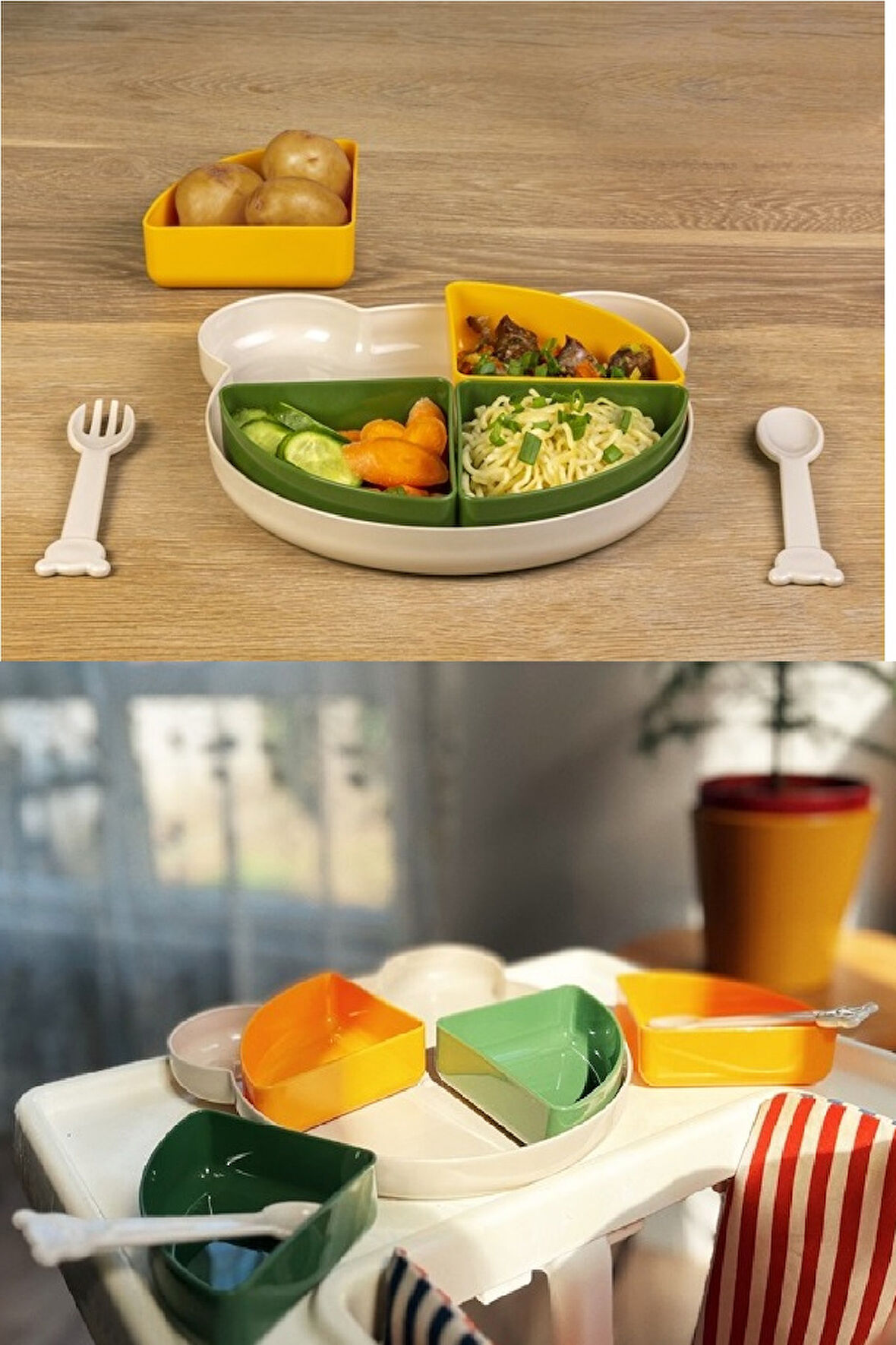 Bebek Mama Keyfi için 4 Bölme Ayıcık Stil Çıkabilir Kase Tepsi Çatal Kaşık Seti