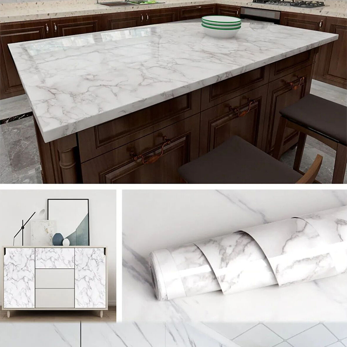 Büro Ev Dekoru için 60x300CM Yapışkanlı Beyaz Mermer Desenli Tezgah Kaplama Folyosu