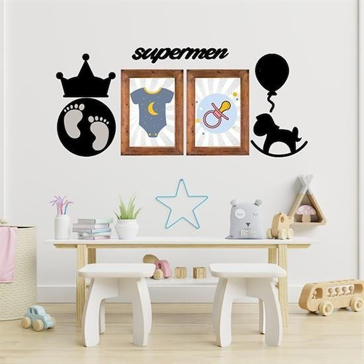 Çocuk Odası için Ahşap Tasarım Dekor Supermen Duvar Süsü Tablo Aksesuar Pano Sticker Seti