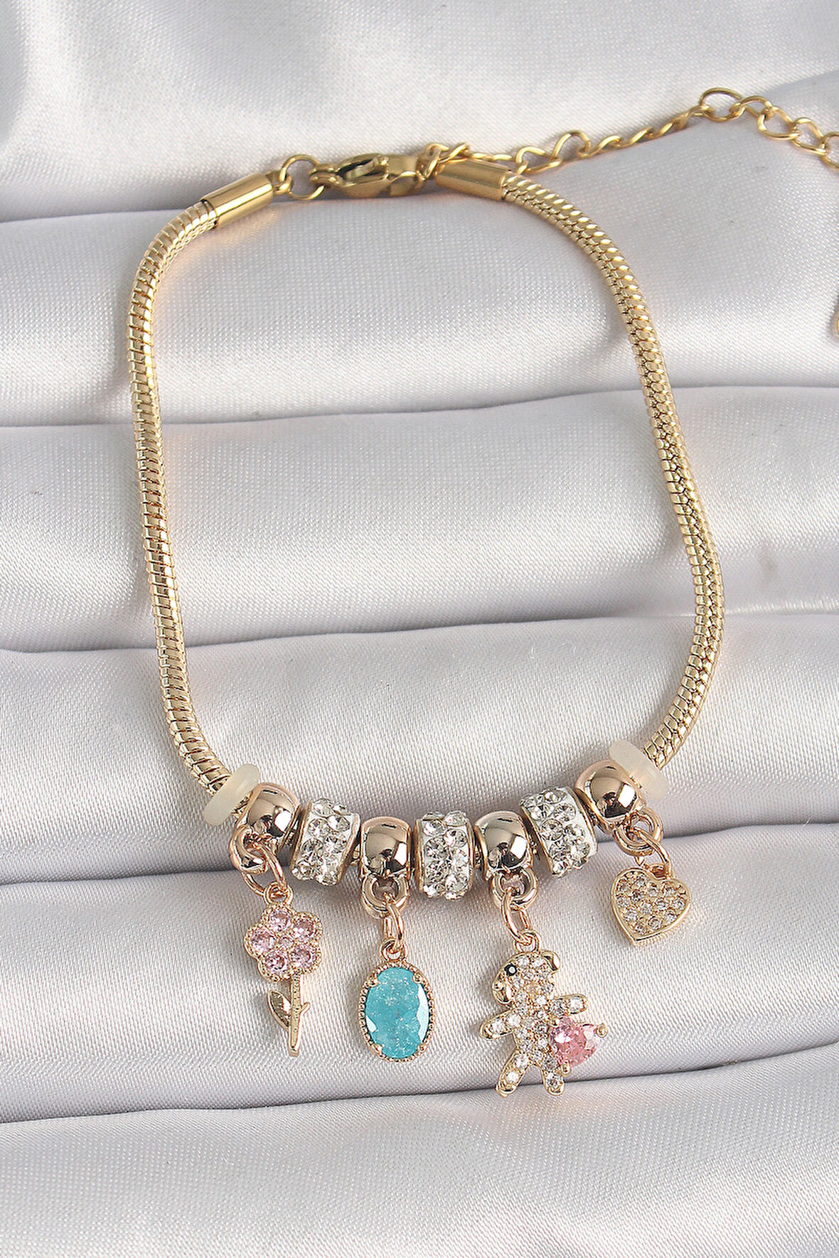 Zarif Kadın için Golden Çelik Zincir Zirkon Ayıcık Çiçek Bileklik