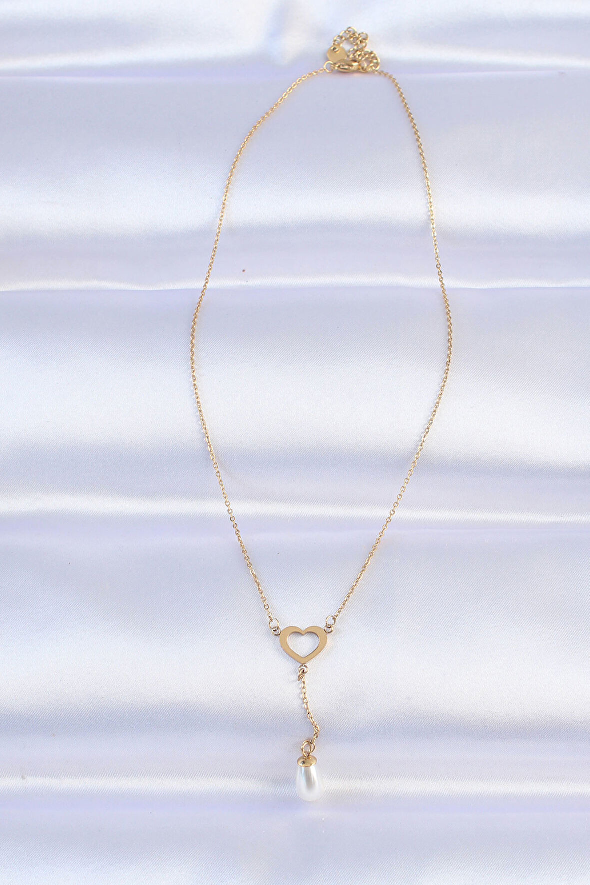 Zarif Kadın için Golden Çelik Zincir İnci Taşlı Kalp Kolye