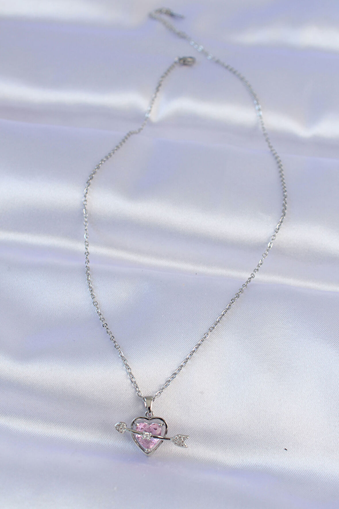 Zarif Kadın için Silver Çelik Zincir Pembe Zirkonlu Eros Kolye