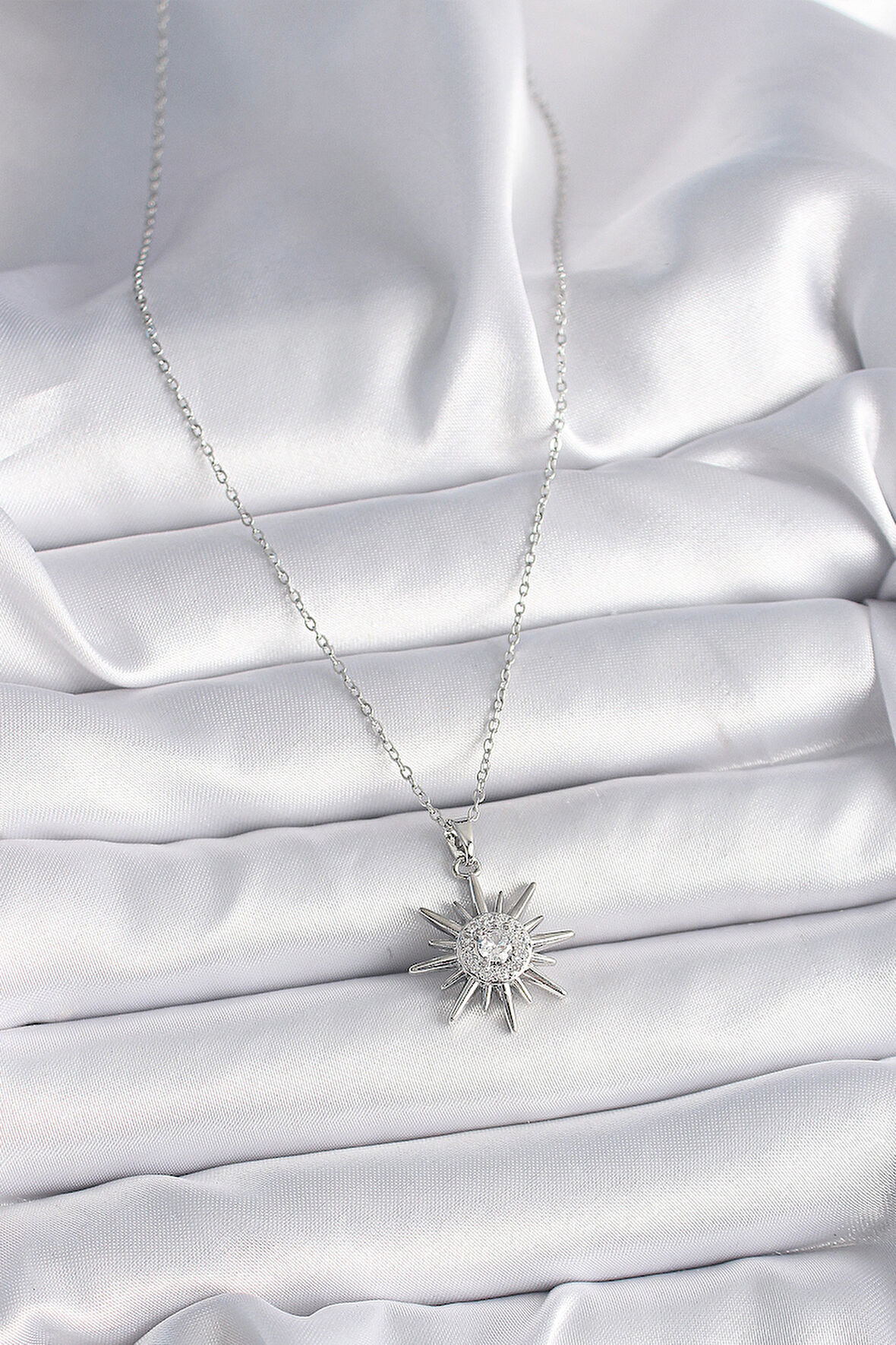 Zarif Kadın için Silver Çelik Zincir Zirkonlu Güneş Yüzük