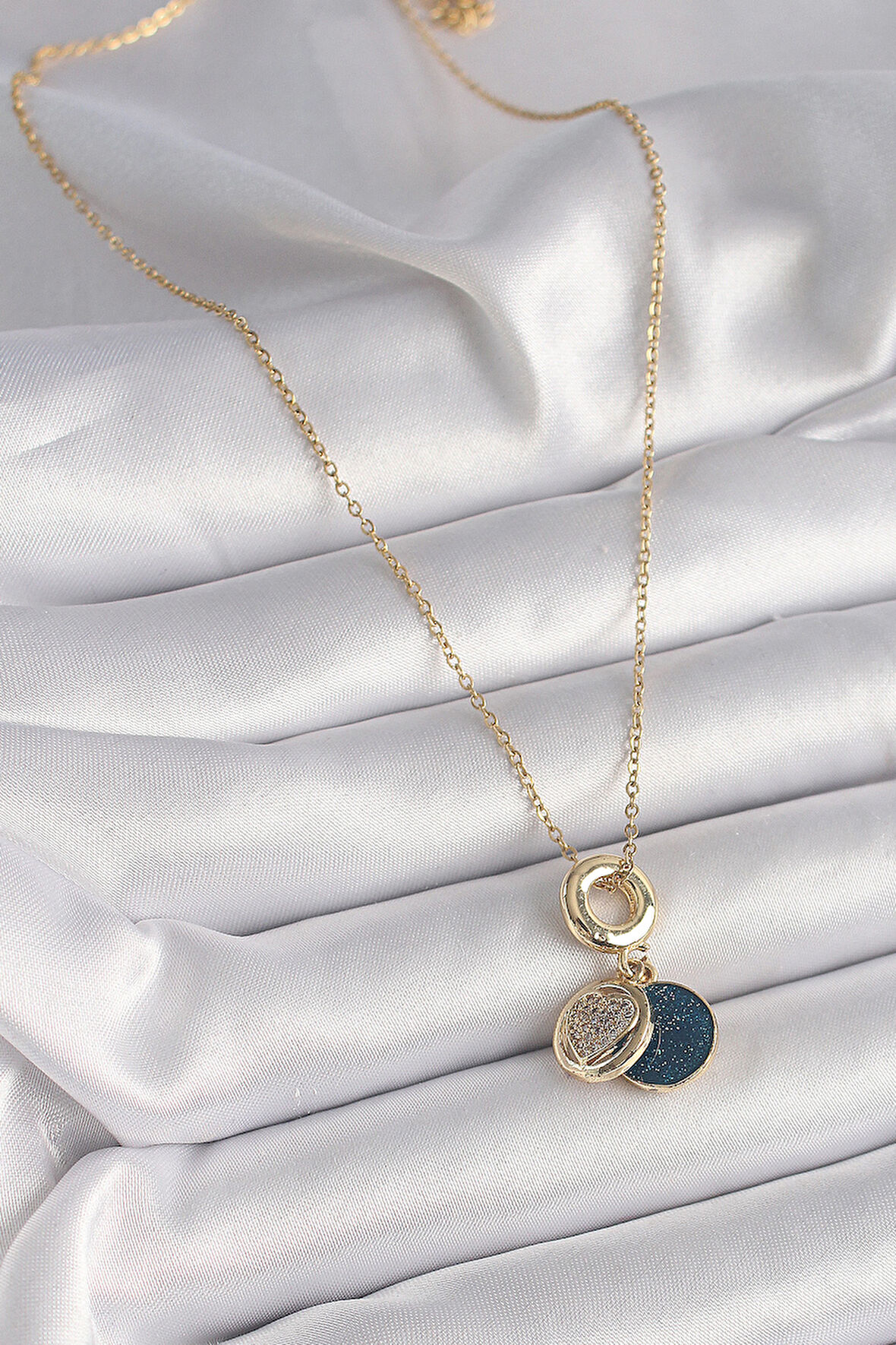 Zarif Kadın için Golden Çelik Zincir Zirkonlu Kalp Mavi Simli Kolye