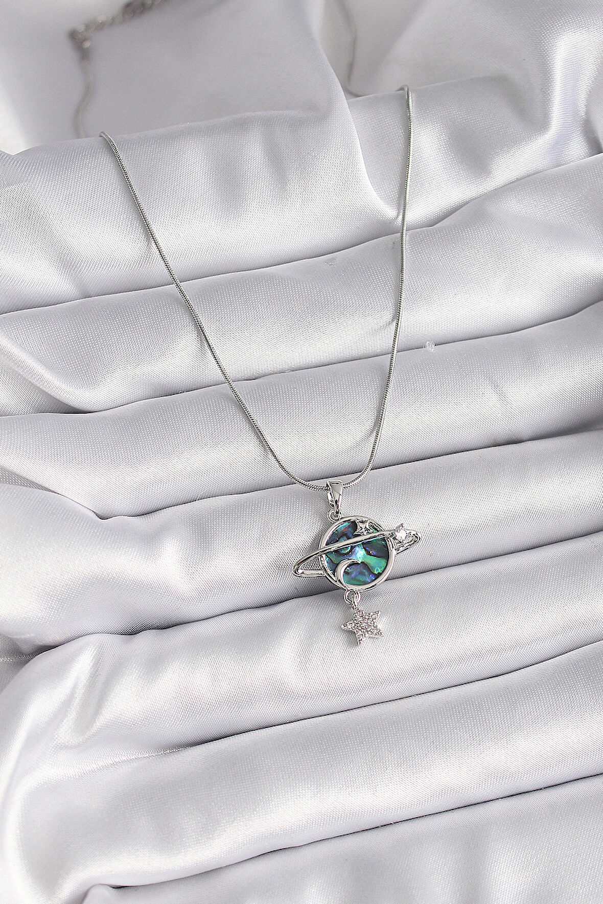 Zarif Kadın için Silver Çelik Zincir Zirkonlu Gezegen Kolye