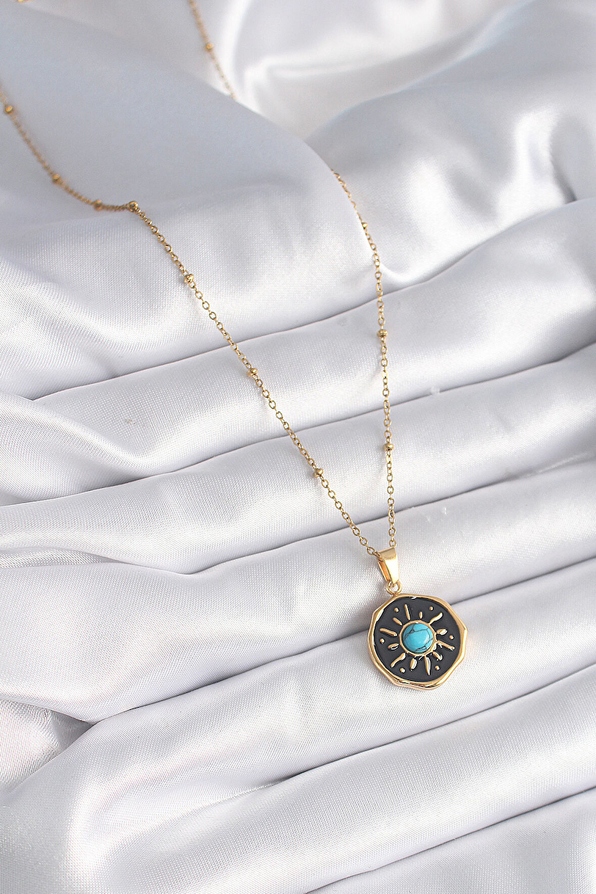 Zarif Kadın için Golden Çelik Mavi Boncuk Güneşli Madalyon Kolye