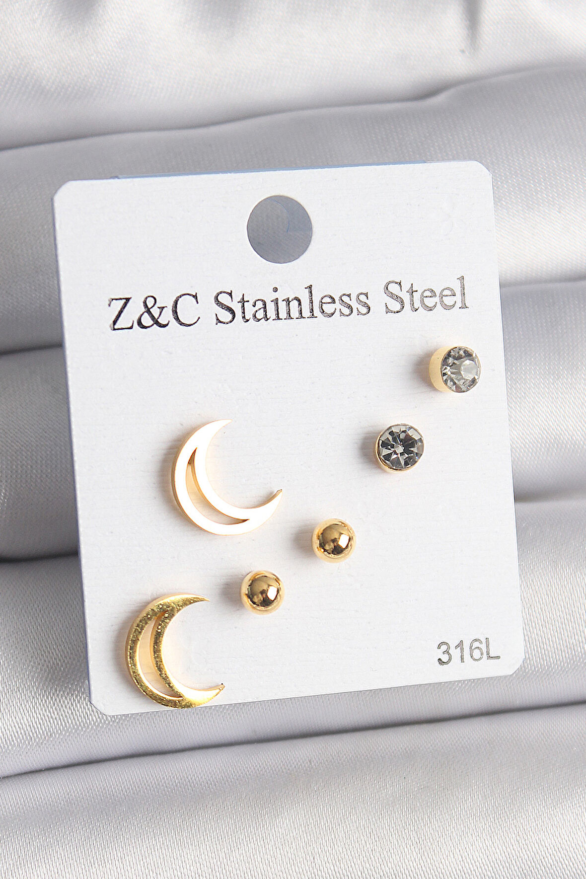 Zarif Kadın için Golden Çelik Zirkonlu Hilal Küpe Seti