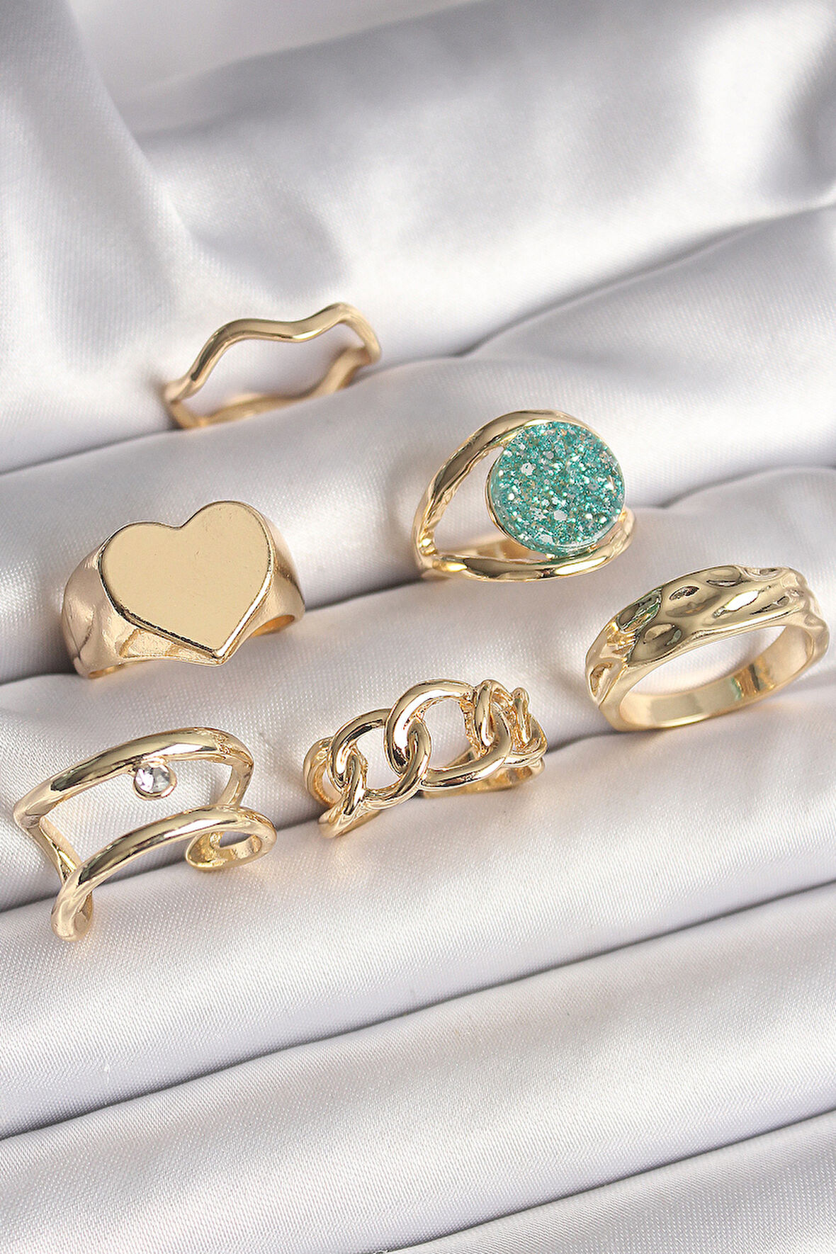 Zarif Kadın için Golden Pirinç Zirkon Kalp Plaka Mavi Simli Altılı Biçim Yüzük Seti