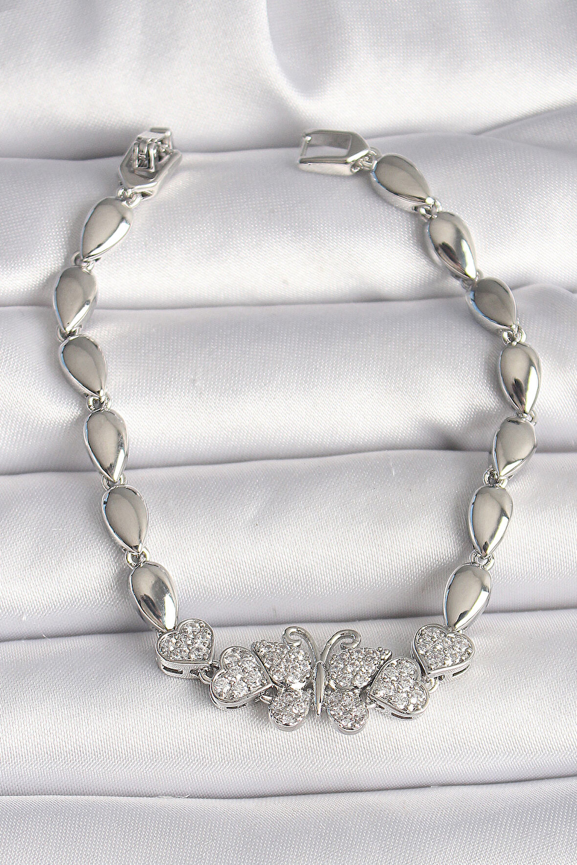 Zarif Kadın için Silver Pirinç Zirkonlu Kelebekli Damla Zincir Bileklik