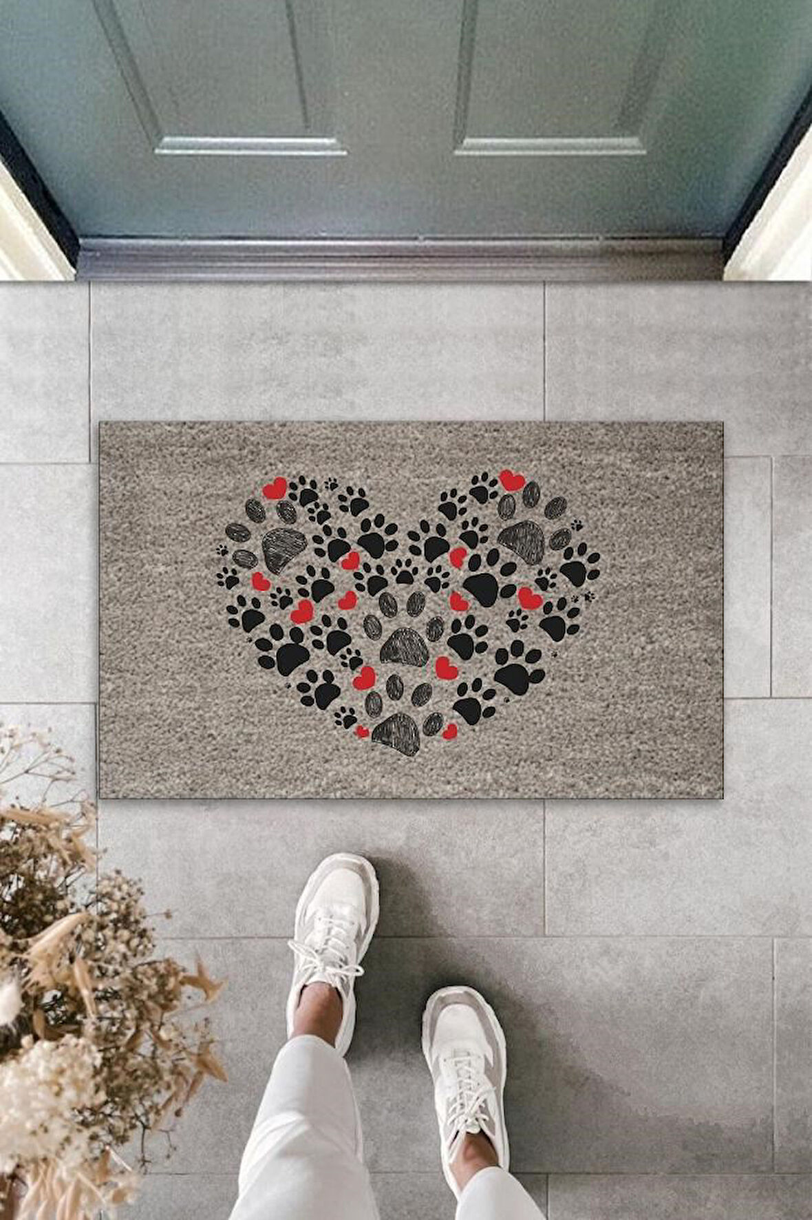 Büro Ev Ofis için 70x45CM Gri Patili Kalp Motif Dış Kapı Önü Paspası