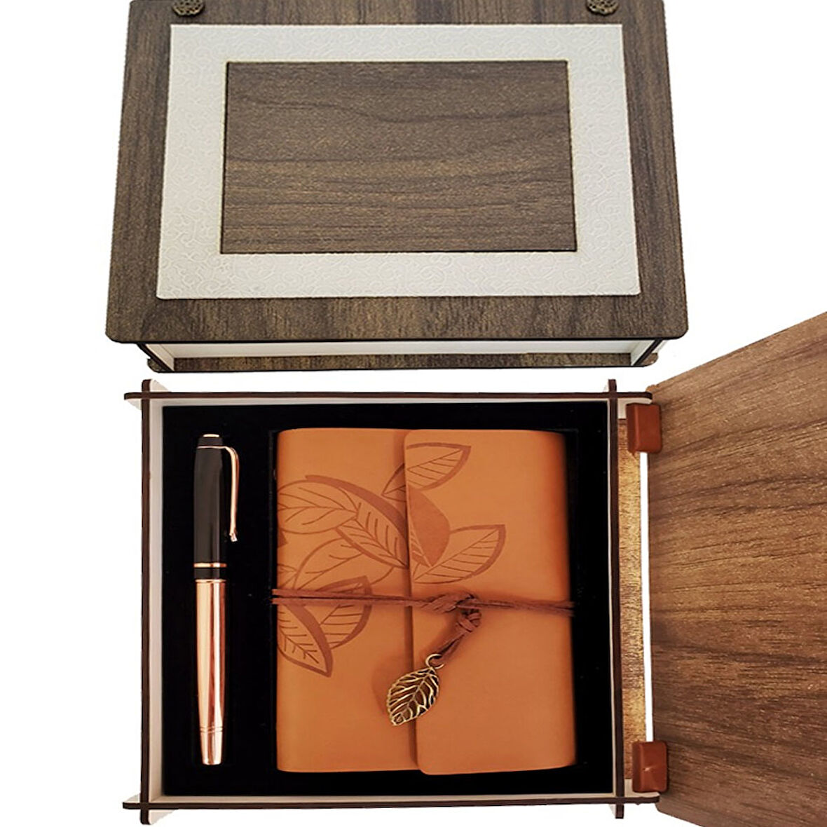 Büro Ev Ofis Hediyesi için Ahşap Kutulu stil Taba Deri Defter Bakır Kalem Seti