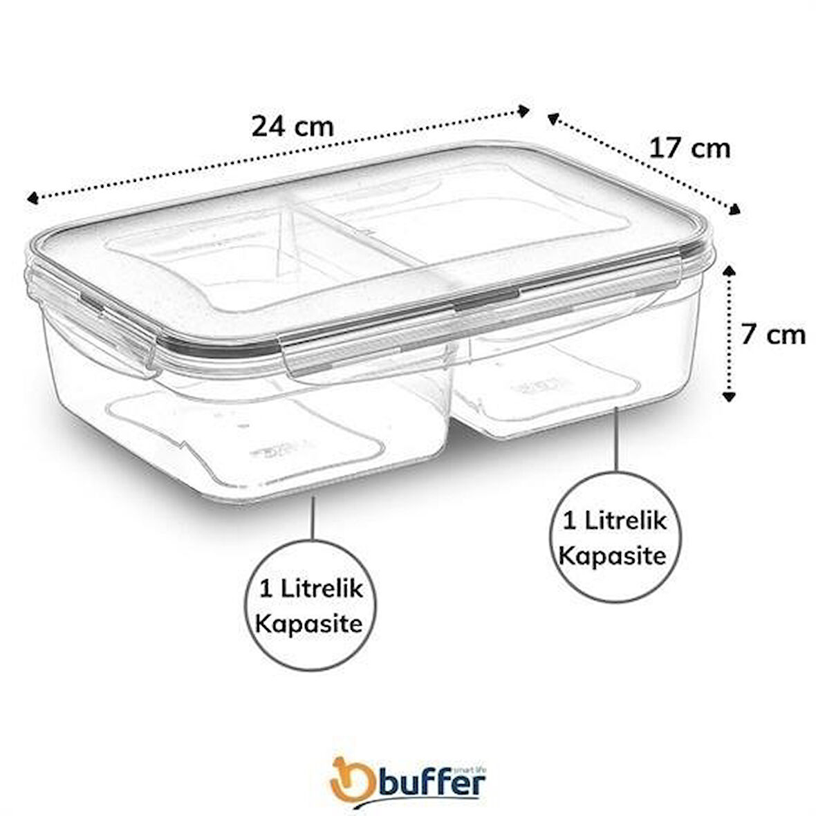 Büro Ev Ofis Mutfağı için 2BÖLME 2LT Kilitli Kapak Erzak Saklama Kabı