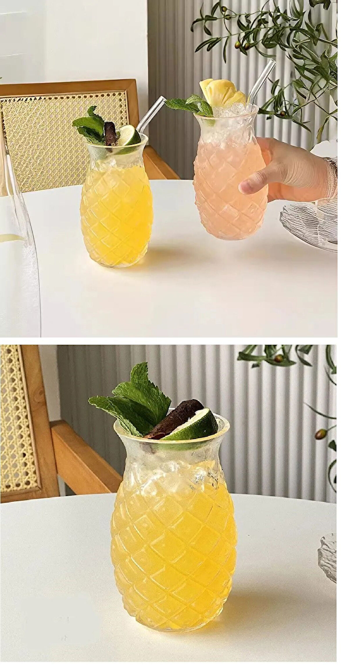 Büro Ev Ofis İçecek Keyfi için Tekli Pipetli Ananas Stil Bardak Cam Kokteyl Bardağı