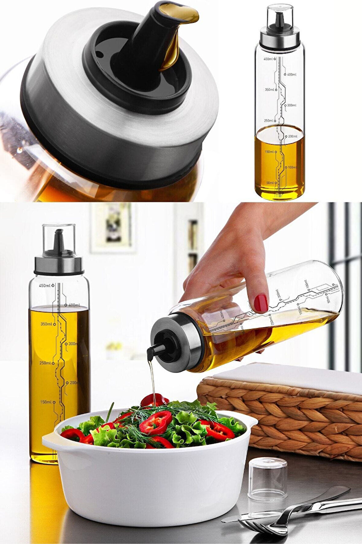 Büro Ev Ofis Mutfağı için 500ML Borosilikat Cam Sızdırmaz Sirkelik Lionluk Sosluk Yağdanlık