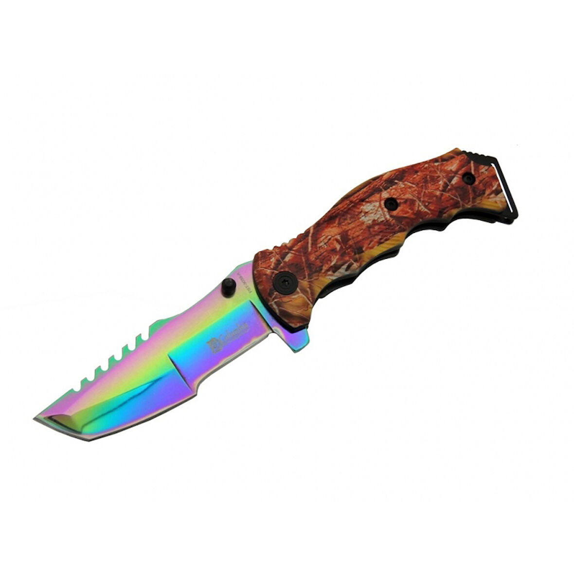 Büro Ev Ofis Kamp Keyfi için 23CM Tırtıklı Gökkuşağı Sap Yarı Otomatik Çakı