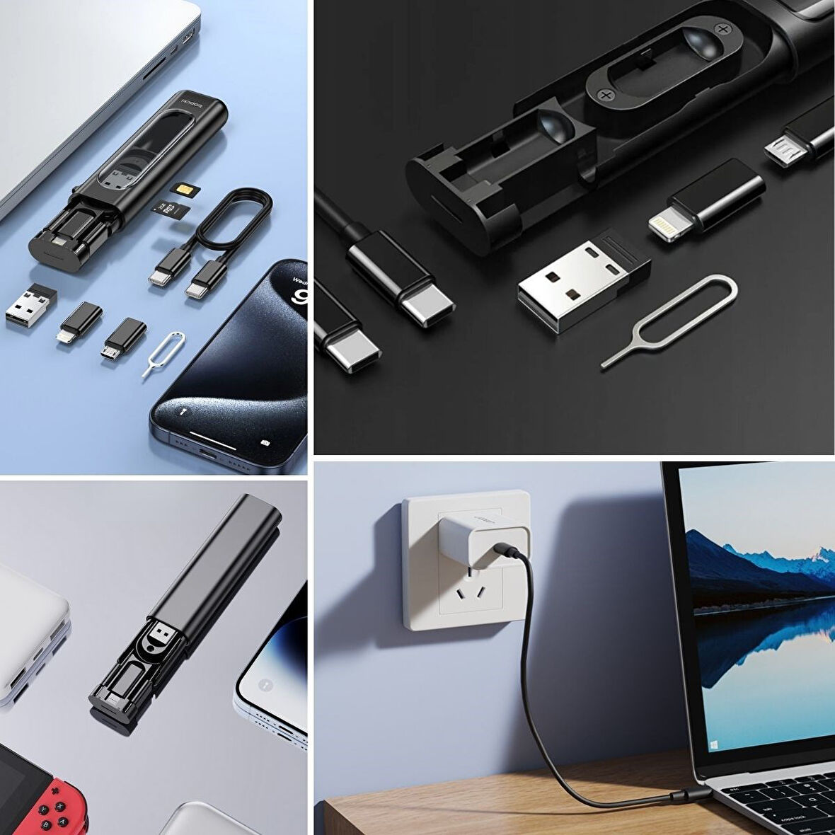 Büro Ev Ofis Personel Telefonu için Taşınır 60W Bas Aç Universal 3 Başlı Hızlı Şarj Data Kablo Seti