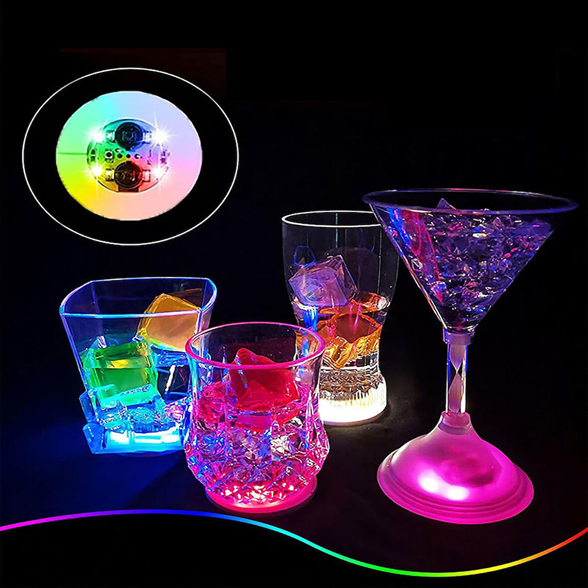 Büro Ev Ofis Etkinik Süsleri için 6CM 3MOD Led Işıklı Yapışkanlı Glow Bardak Altı Aparatı