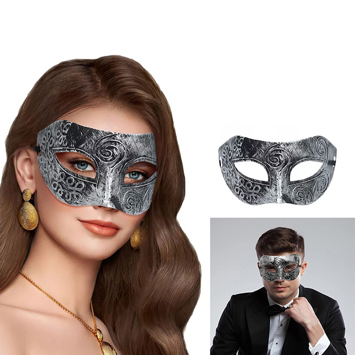Büro Ev Ofis Gösteri Balo Kostüm Maskesi için Silver Eskitme Yüz Antik Tarz Maske