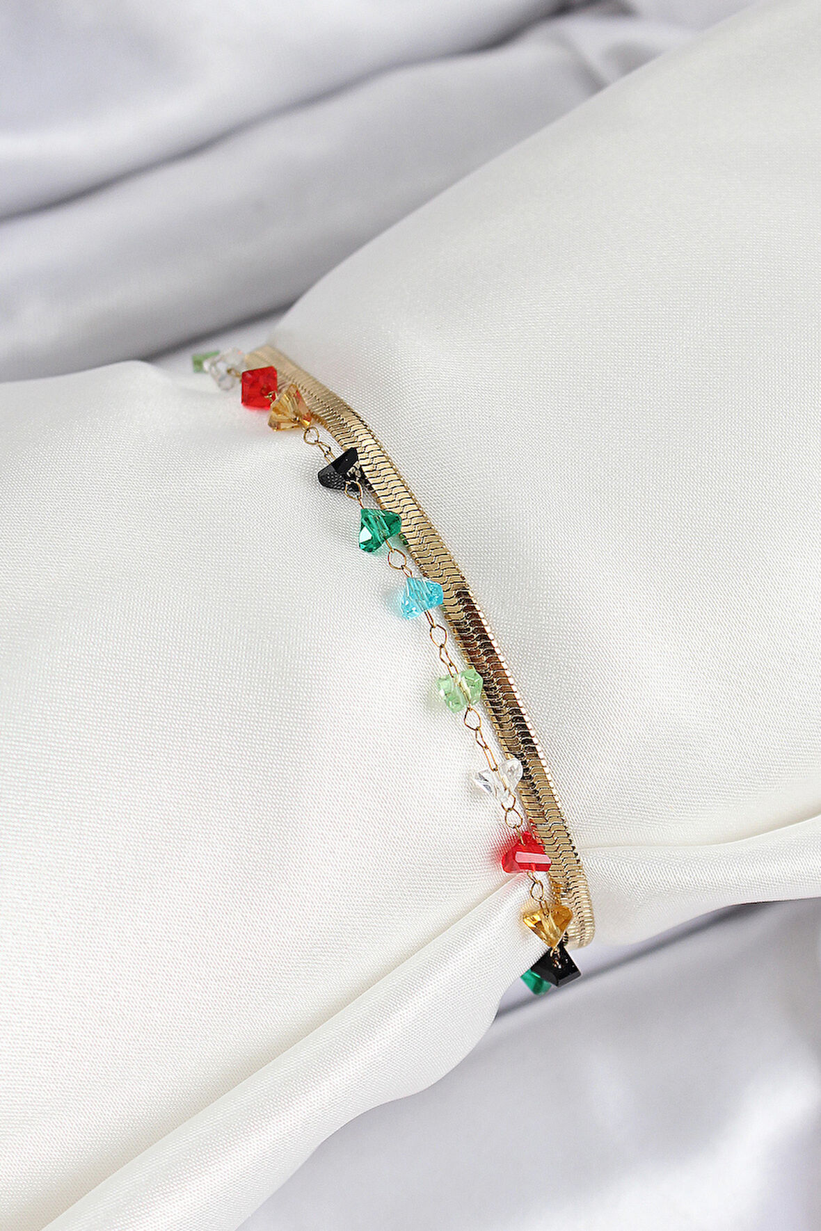 Zarif Kadın için Golden Çelik Kristal Alaca Taşlı Çiftli Bileklik