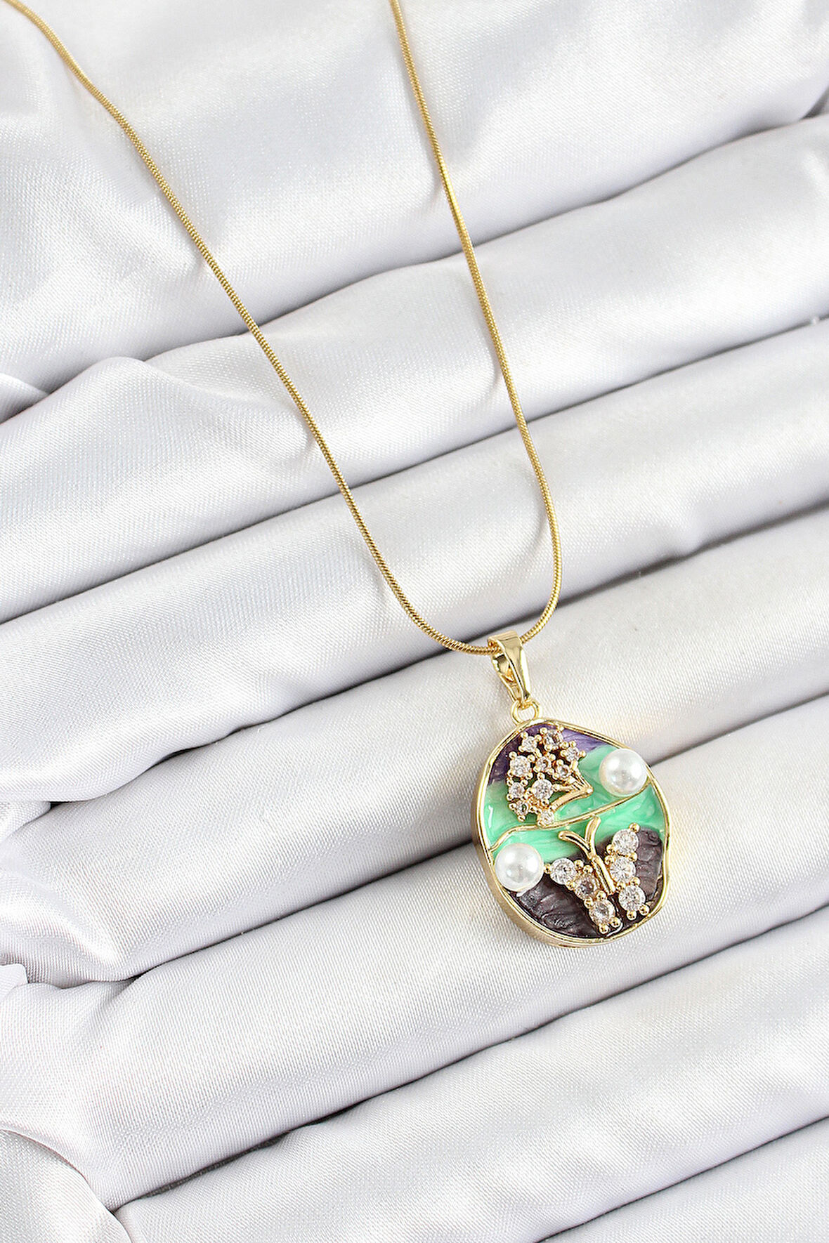 Zarif Kadın için Golden Çelik Zirkon Yeşil Mor Portre İnci Ağaç Kelebek Kolye