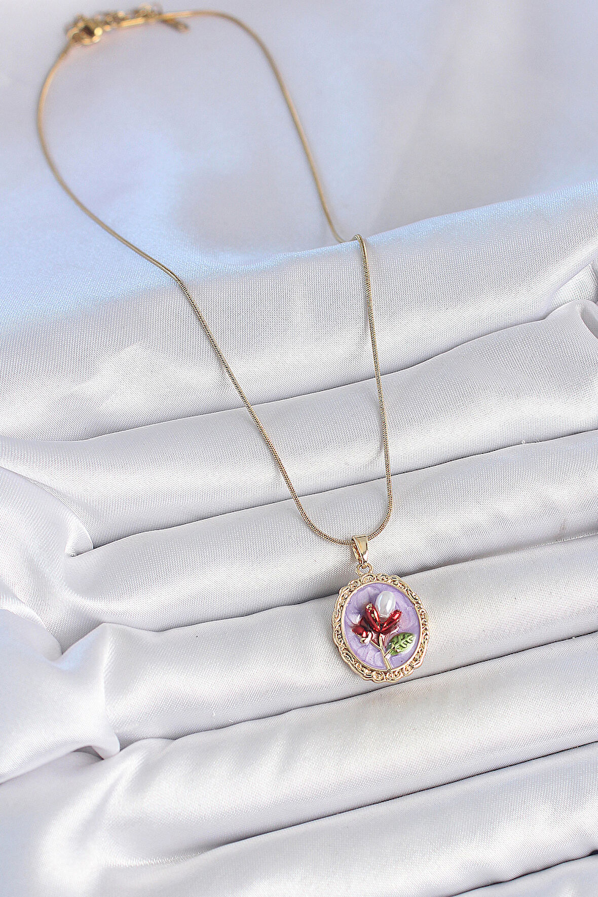 Zarif Kadın için Golden Çelik Zincir Mor Mineli İnci Çiçek Portre Kolye