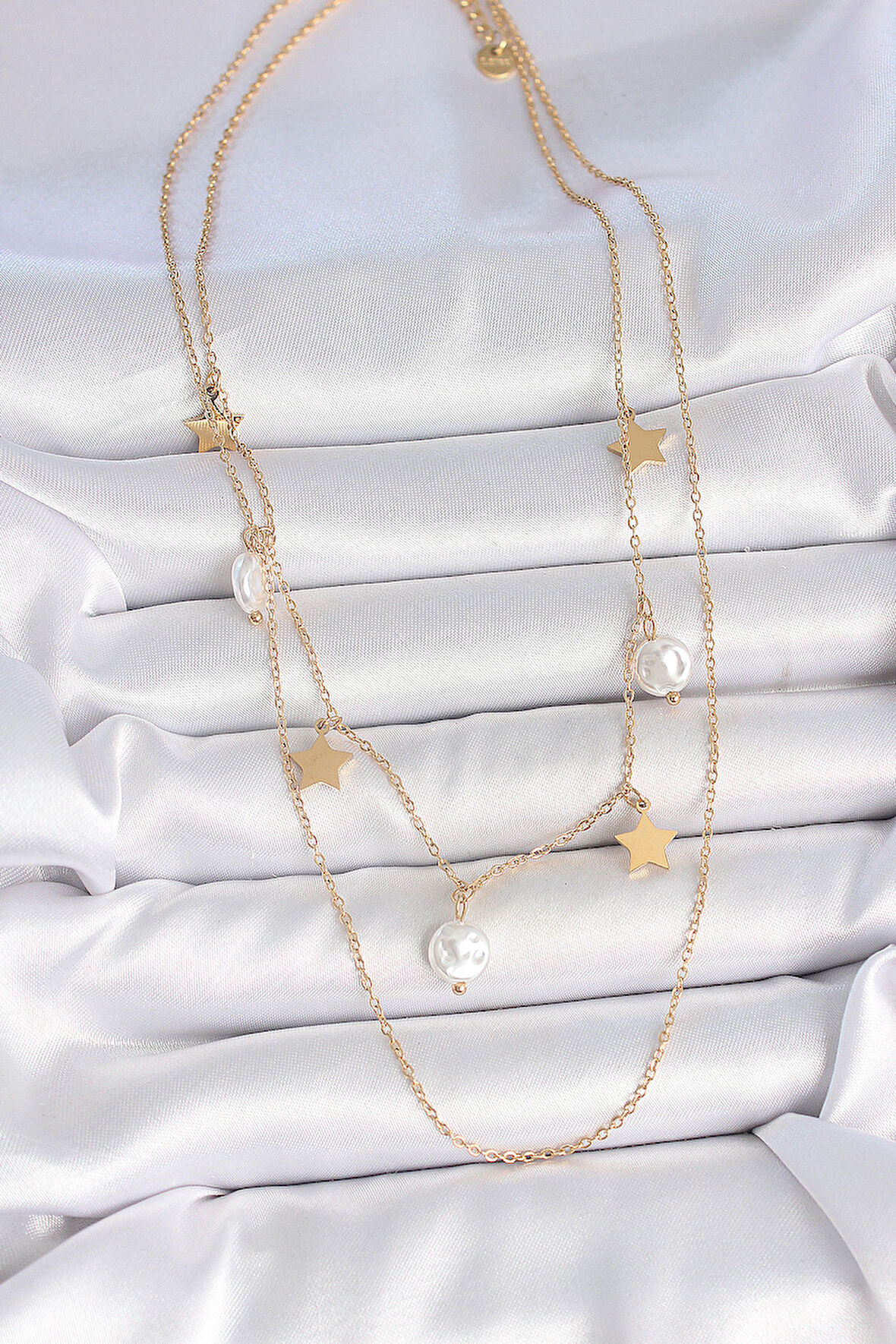 Zarif Kadın için Golden Çelik Çiftli Zincir Sallantı Yıldız İnci Kolye