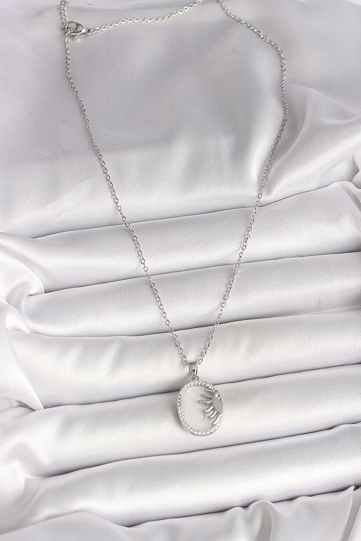 Zarif Kadın için Silver Çelik Zincir Beyaz Mine Gün Batımı Zirkonlu Kolye