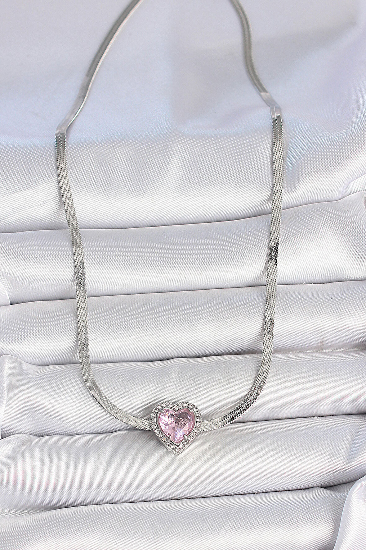 Zarif Kadın için Silver Çelik İtalyan Zincir Pembe Zirkonlu Kalp Kolye