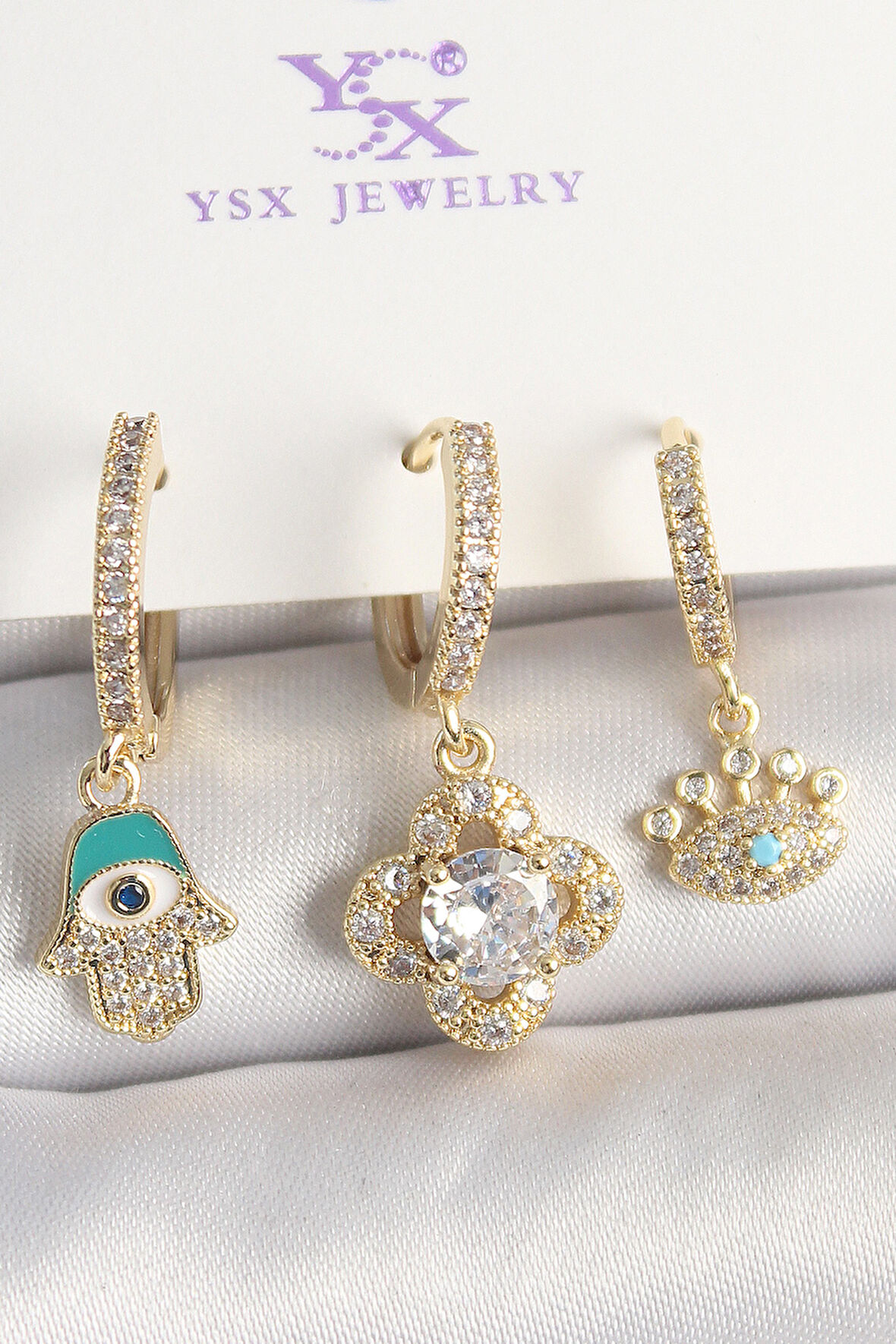 Zarif Kadın için Golden Pirinç Zirkonlu Fatma Ana El Yonca Göz Üçlü Kombin Küpe