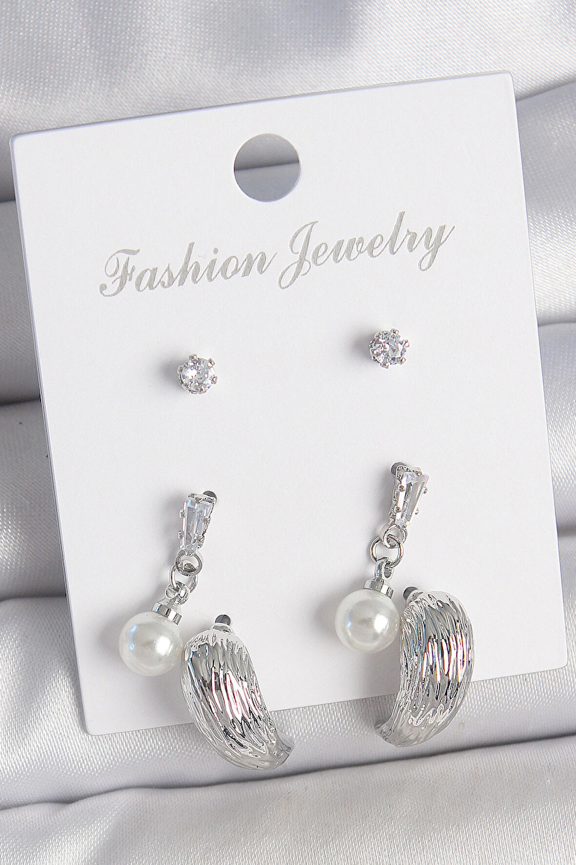 Zarif Kadın için Silver Pirinç Sallantılı Zirkonlu Damla 3 Çift Küpe Seti