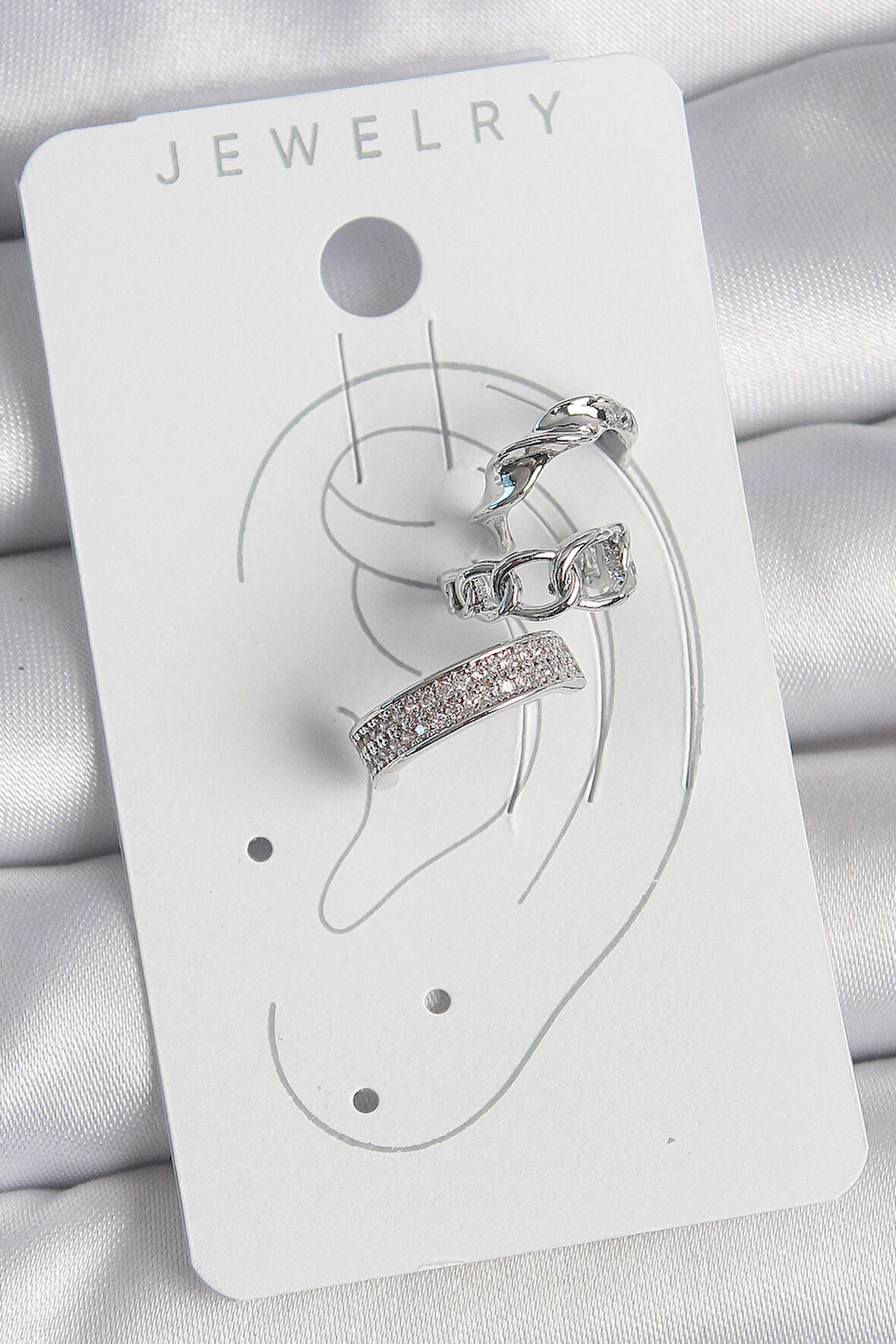 Zarif Kadın için Silver Pirinç Zirkonlu Üçlü Zincir Sarmal Kıkırdak Küpe