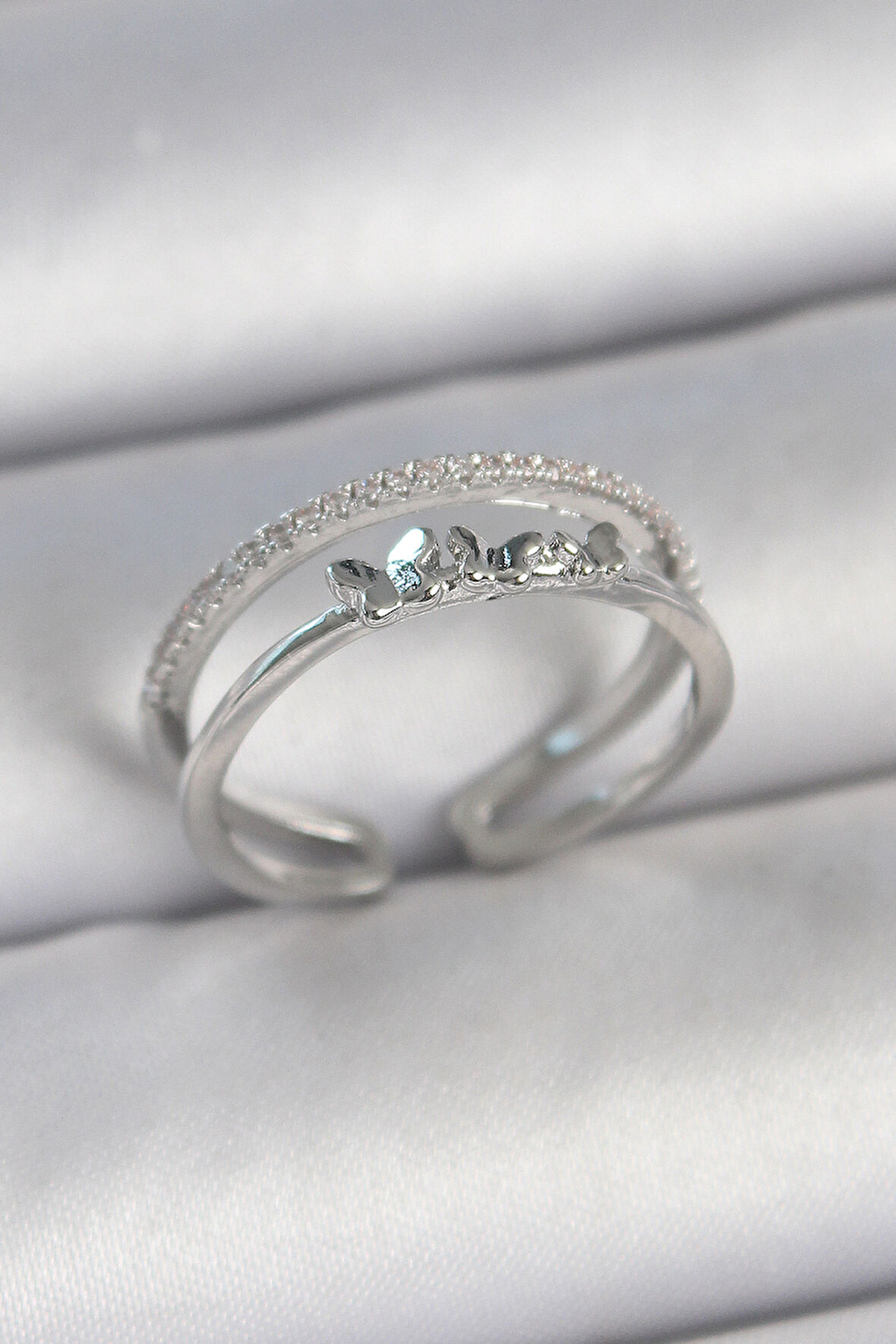 Zarif Kadın için Silver Pirinç Ayarlanır İkili Zirkonlu Kelebek Yüzük