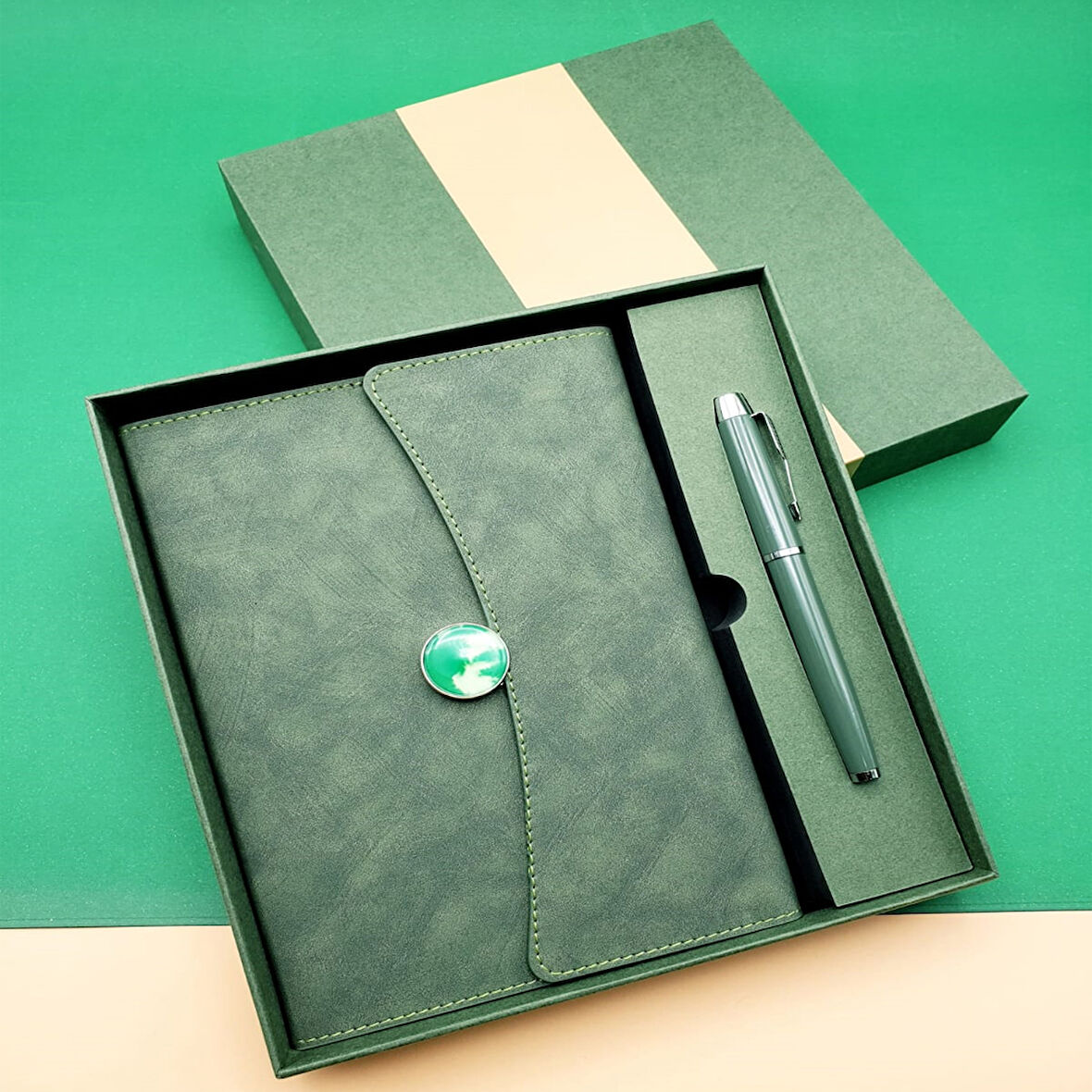 Büro Ev Ofis Hediyesi için Yeşil Defter Kalem Seti