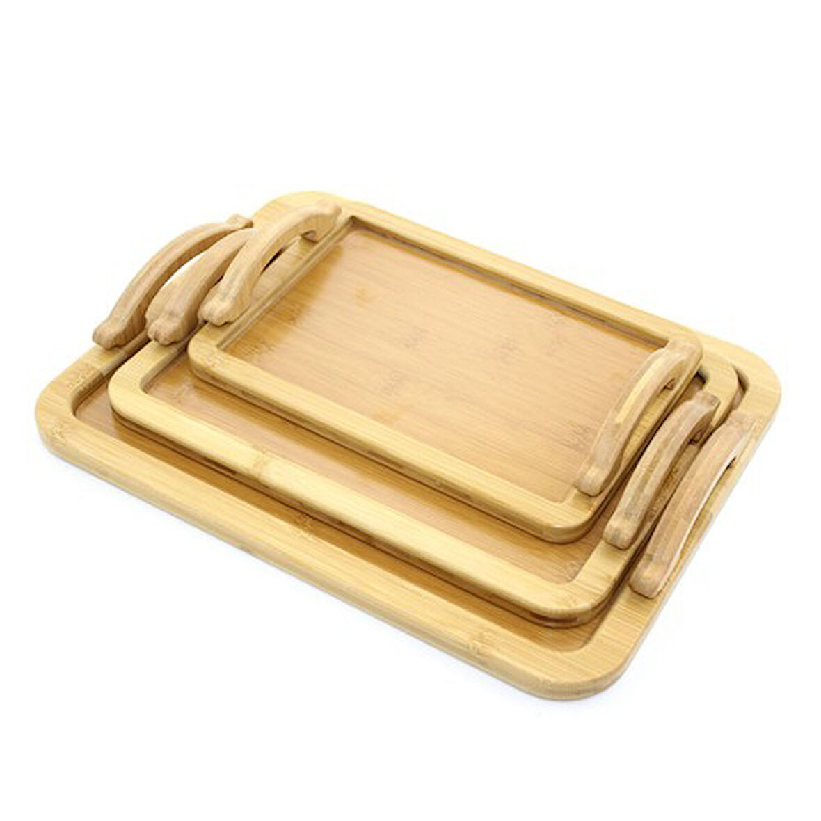 Büro Ev Ofis Yazlık Mutfak Servisi için 3PARÇA Bambu Yapım Tepsi Seti