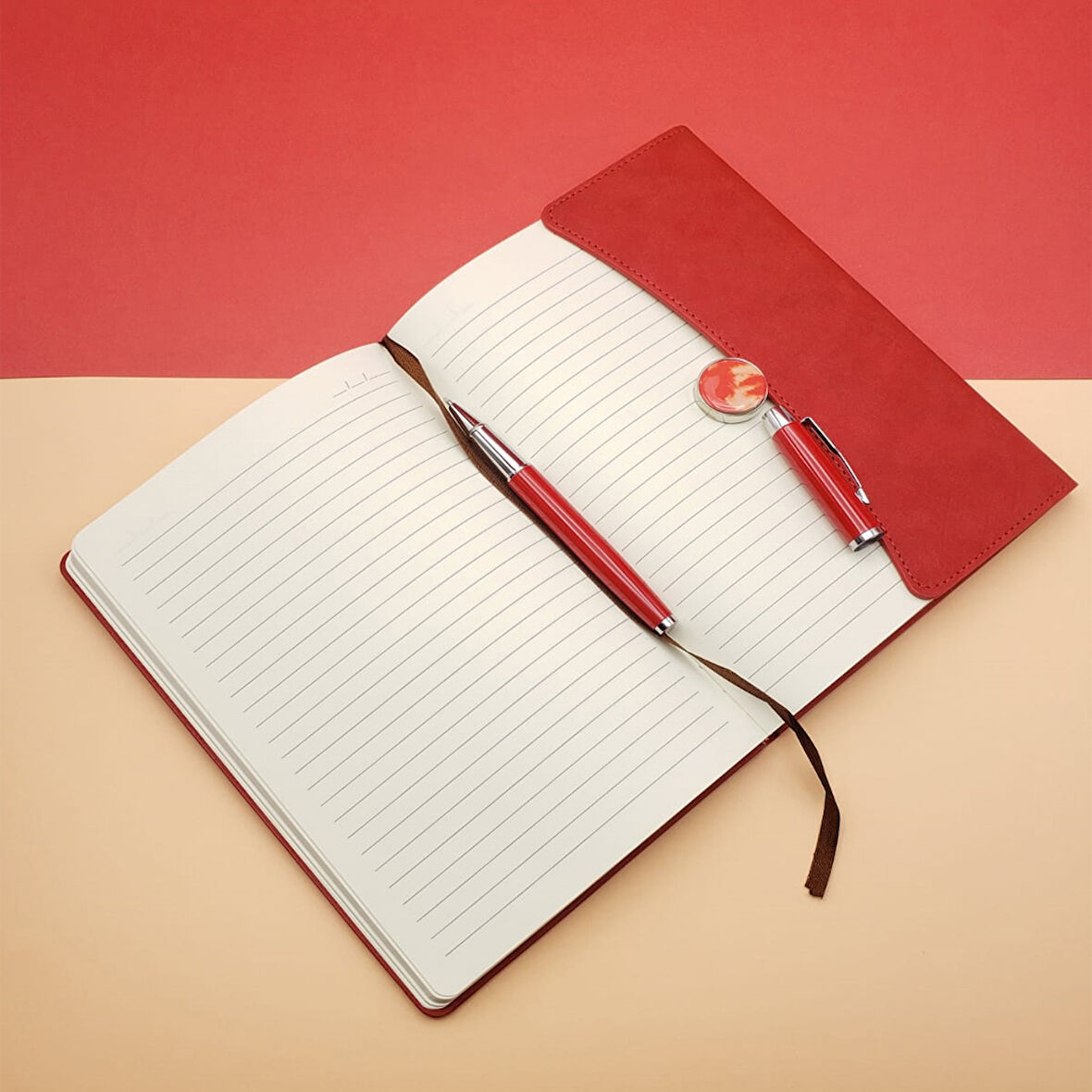 Büro Ev Ofis Hediyesi için Çizgili Defter Kırmızı Metal Kalem Seti