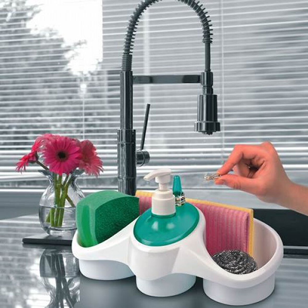 Büro Ev Ofis Mutfak Düzeni için Deterjanlık Sünger Hazneli Sıvı Sabunluk